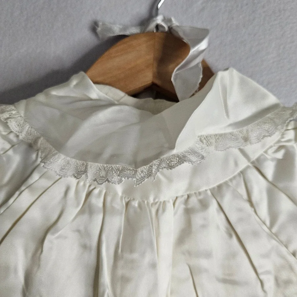 Vintage Ivory Satin Christening Gown Set Coat Bonnet Lace Smocked Baptism 6-9mos